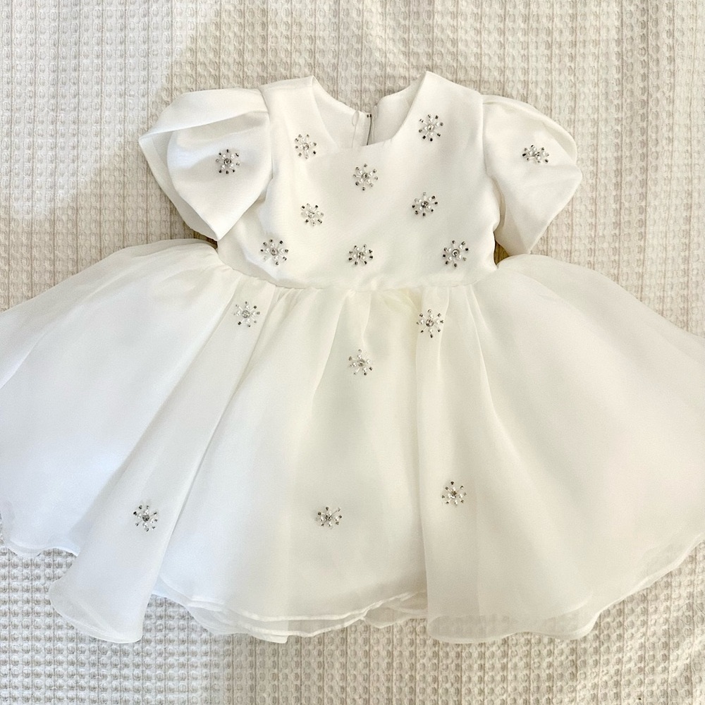 White Pearl Dress Puff Sleeve (Wedding Flower Girl Dress) Toddler Girl 18-24 mth